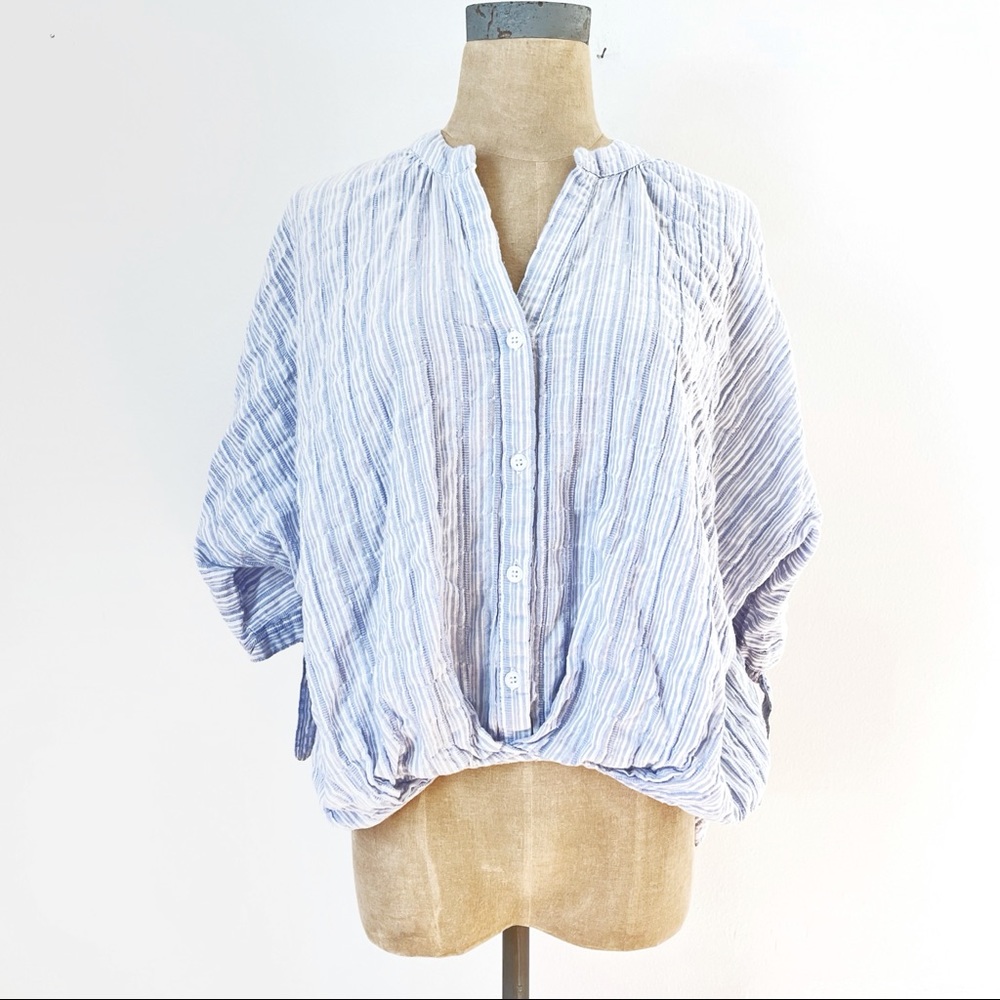 Ellison Striped Button Down Short Sleeve Peasant Boho Top Small